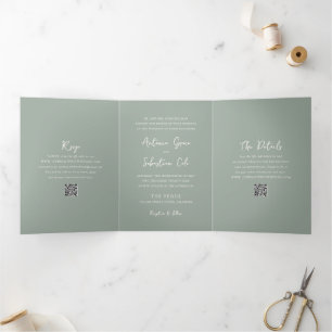 Invitation Trois Volets Élégant code QR vert sauge mariage moderne