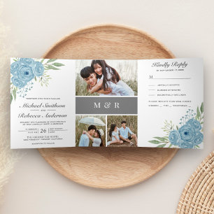 Invitation Trois Volets Élégant Collage de Roses Bleu Poussiéreux Mariage 