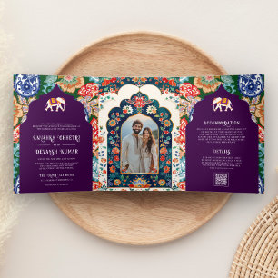 Invitation Trois Volets Élégant éléphant d'art folklorique indien aubergin