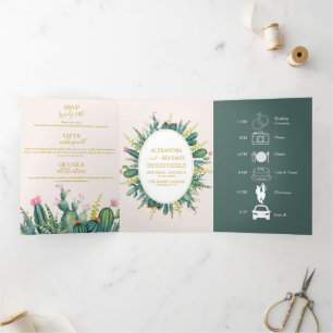 Invitation Trois Volets Elégant Eucalyptus Verdure Succulents Tri Mariage
