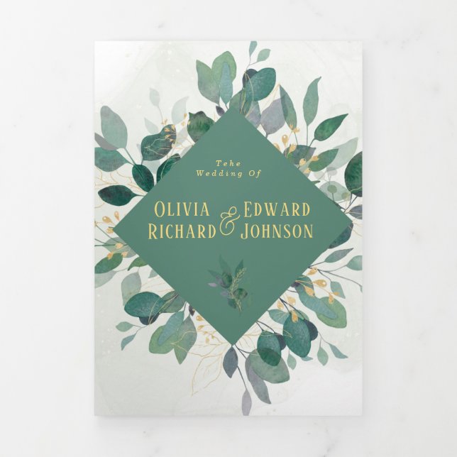 Invitation Trois Volets Élégant feuille de cadre géométrique | Mariage pho (Page de couverture)