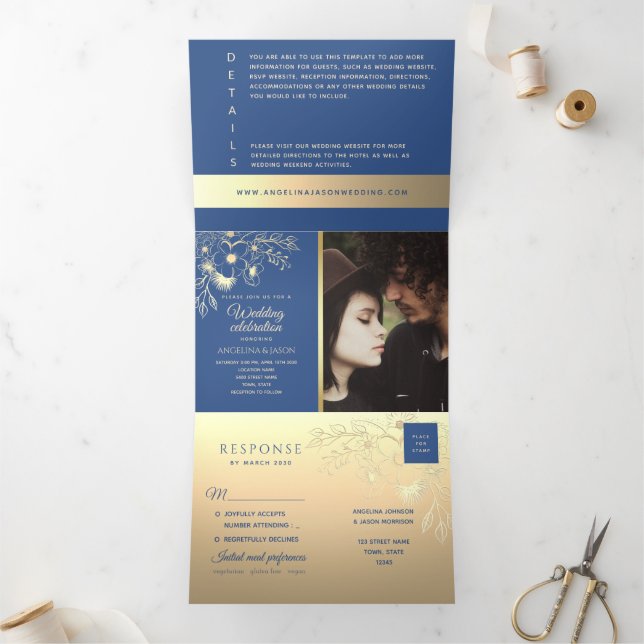 Invitation Trois Volets Élégant Floral Gold Royal Mariage bleu (Intérieur)