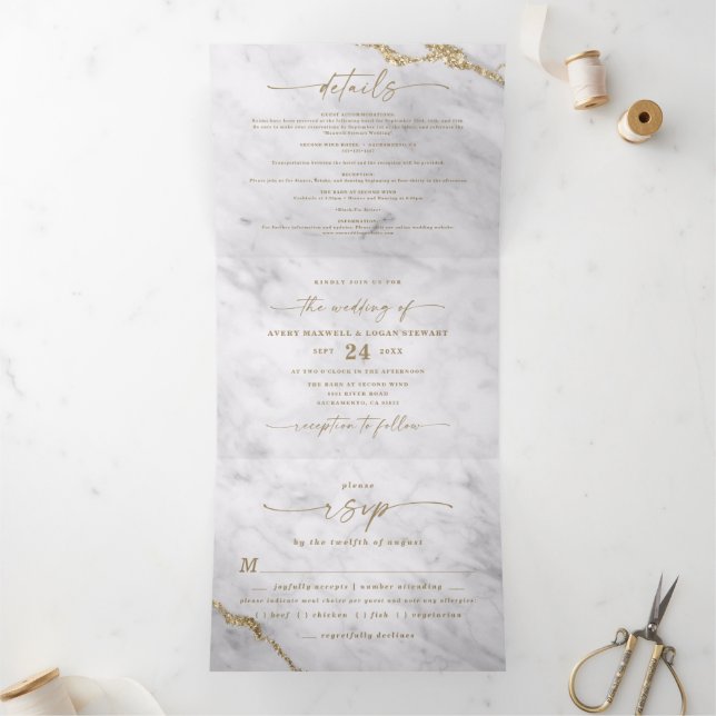 Invitation Trois Volets Elégant Gris & Marbre blanc avec Mariage Gold Foil (Intérieur)