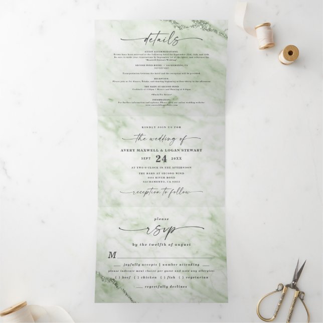 Invitation Trois Volets Élégant Juniper Sage Green Mariage en marbre métal (Intérieur)