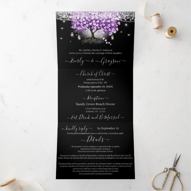 Invitation Trois Volets Élégant Lavande Amour Purple Mariage de feuille de (Intérieur)