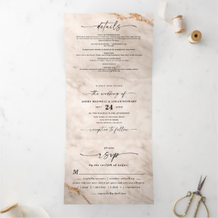 Invitation Trois Volets Élégant marbre beige avec Mariage à huile or