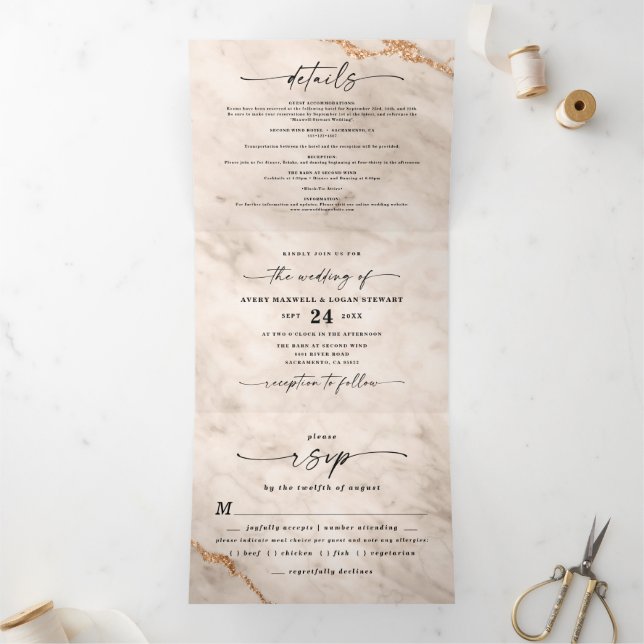 Invitation Trois Volets Élégant marbre beige avec Mariage à huile or (Intérieur)