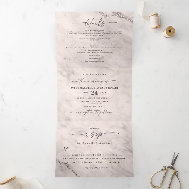 Invitation Trois Volets Elégant marbre rose champagne avec Mariage à huile (Intérieur)