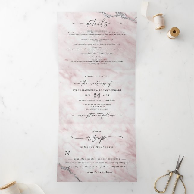 Invitation Trois Volets Elégant marbre rose clair avec Mariage à huile d'a (Intérieur)