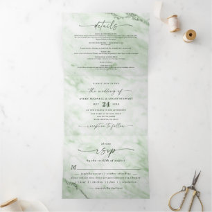 Invitation Trois Volets Élégant marbre vert de foune avec Mariage à huile