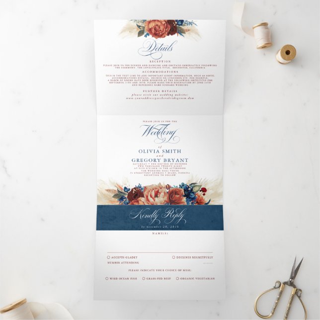 Invitation Trois Volets Élégant mariage bohème Terracotta et bleu marine (Intérieur)