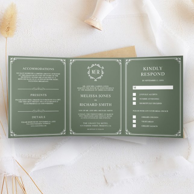 Invitation Trois Volets Élégant Mariage Classique Vert Sauge Monogramme (Créateur téléchargé)