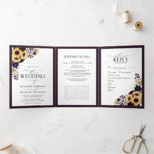 Invitation Trois Volets Élégant Mariage d'aquarelle de tournesol violet de