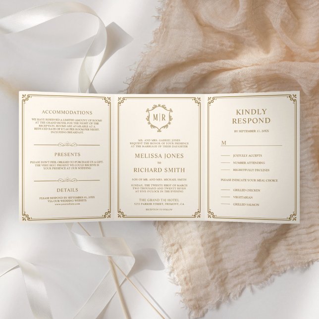 Invitation Trois Volets Élégant Mariage de crème classique et de monogramm (Créateur téléchargé)