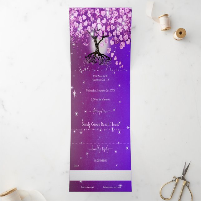 Invitation Trois Volets Élégant Mariage de feuille de coeur rose violet (Intérieur)