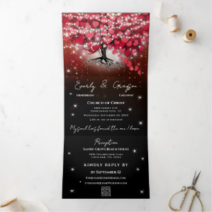 Invitation Trois Volets Élégant Mariage de feuille de coeur rouge et noir