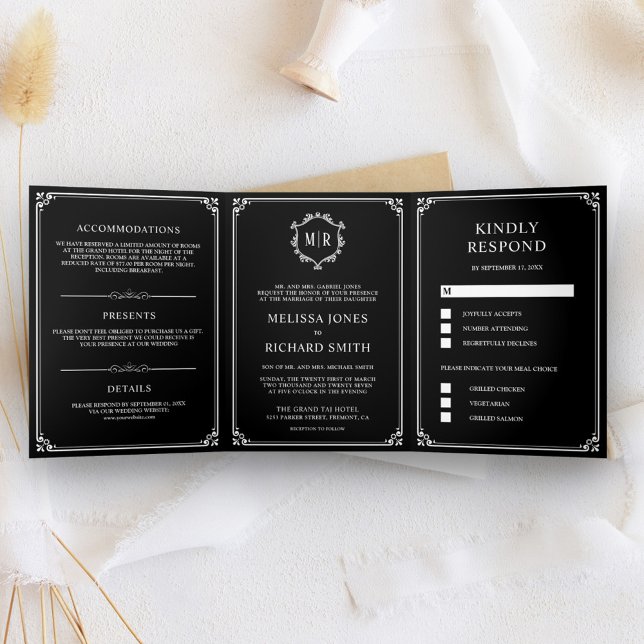 Invitation Trois Volets Élégant Mariage de monogramme noir classique (Créateur téléchargé)