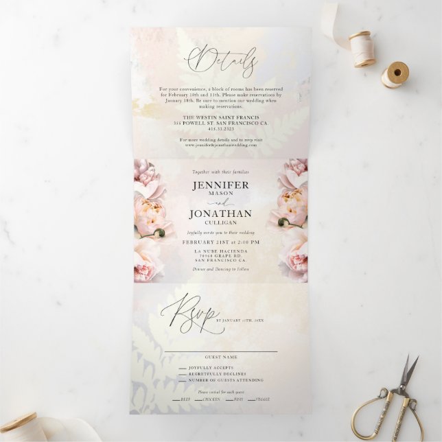 Invitation Trois Volets Élégant Mariage floral rose pâle (Intérieur)