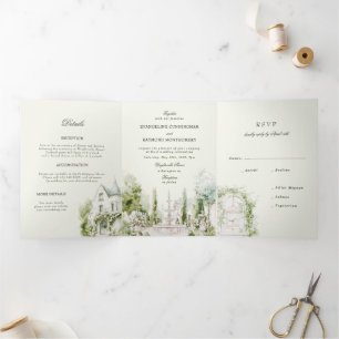 Invitation Trois Volets Élégant mariage manoir jardin aquarelle