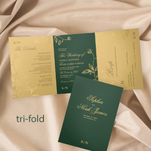 Invitation Trois Volets Élégant mariage officiel en or vert RSVP détails