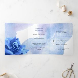 Invitation Trois Volets Elégant Mariage personnalisé Fleur Bleue