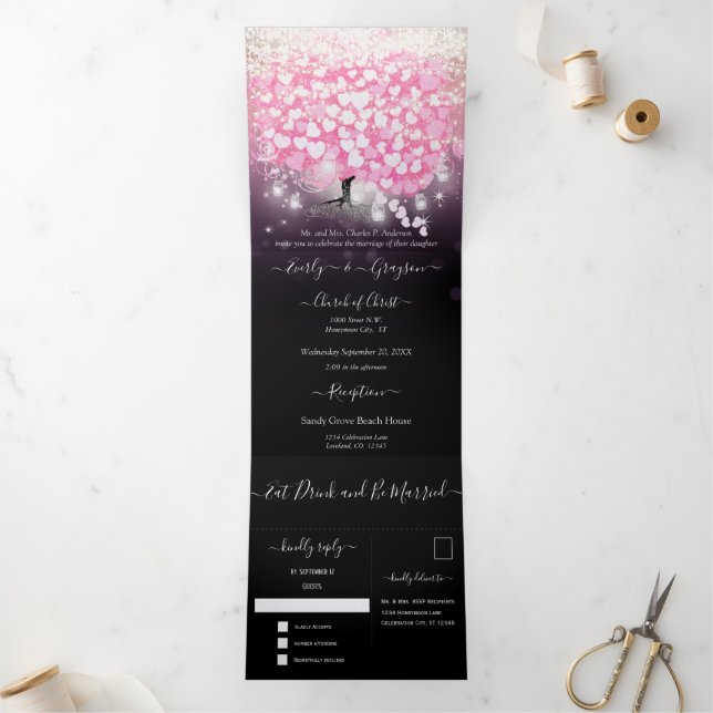 Invitation Trois Volets Élégant Mariage Pink and Black Heart Leaf (Intérieur)