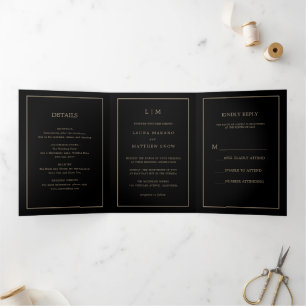 Invitation Trois Volets Élégant moderne Black Gold Monogramme Simple Maria