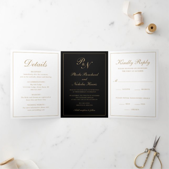 Invitation Trois Volets Élégant Monogramme Photo Black Gold Formal Mariage (Intérieur)