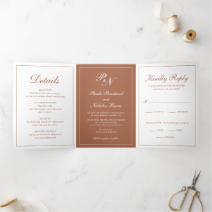 Invitation Trois Volets Élégant Monogramme Photo Mariage en terre cuite