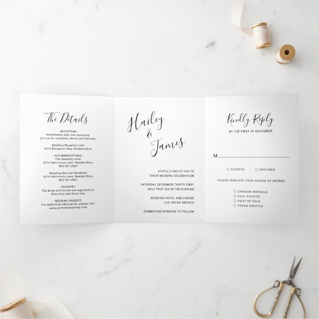 Invitation Trois Volets Élégant noir et blanc Mariage moderne (Intérieur)