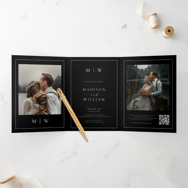 Invitation Trois Volets Elegant Photo RSVP Détails QR Code Mariage noir (Créateur téléchargé)