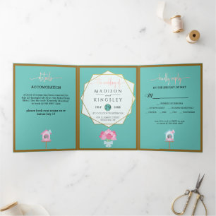 Invitation Trois Volets ELÉGANT PRINTEMPS Floral Turquoise Mariage Fab