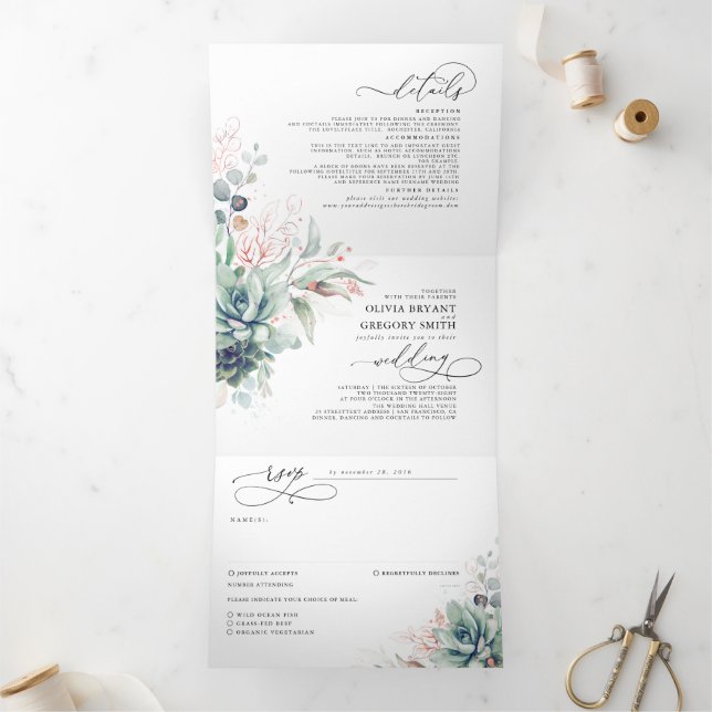 Invitation Trois Volets Elégant Rose Gold Succulents Mariage de verdure (Intérieur)
