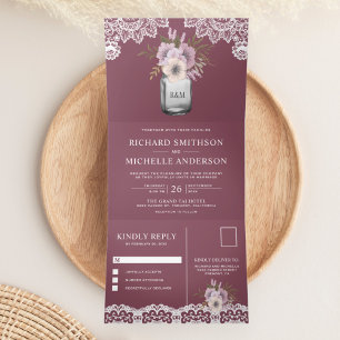 Invitation Trois Volets Élégant Rose Poussiéreux Floral Jar Mariage en Den