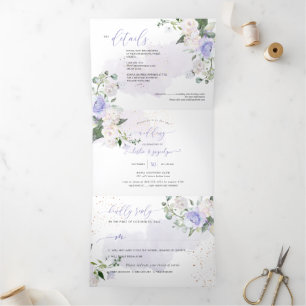 Invitation Trois Volets Elégant Rustique Dusty violet Roses d'aquarelle