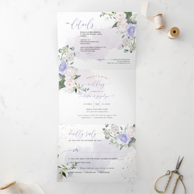 Invitation Trois Volets Elégant Rustique Dusty violet Roses d'aquarelle (Intérieur)