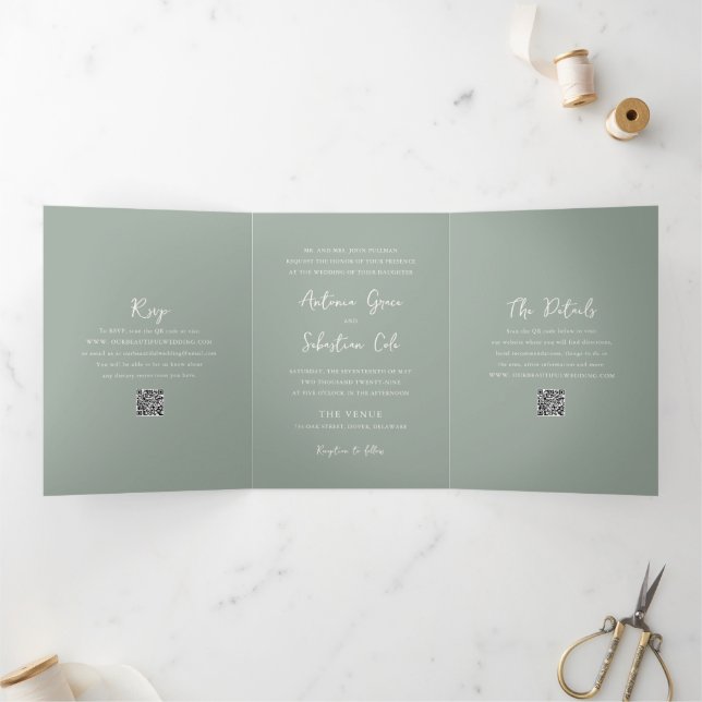 Invitation Trois Volets Élégant Sage Green QR Code moderne Mariage (Intérieur)