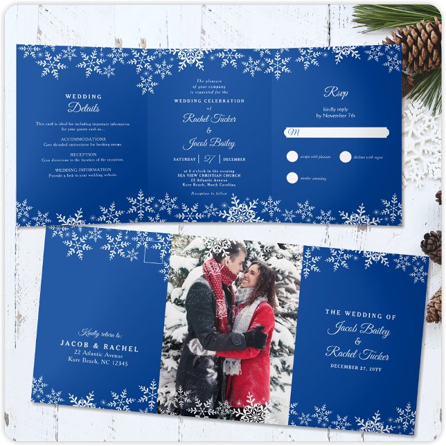 Invitation Trois Volets Élégant Snowflakes Deep Blue Winter Wedding (Créateur téléchargé)