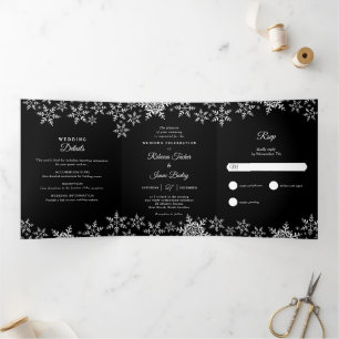 Invitation Trois Volets Élégant Snowflakes Noir & Blanc Mariage d'hiver