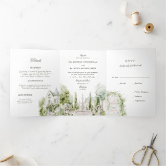 Invitation Trois Volets Elegant Watercolor Manor Garden Wedding