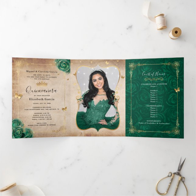 Invitation Trois Volets Elégante Photo Espagnol Rose Vert Or Quinceanera (Intérieur)