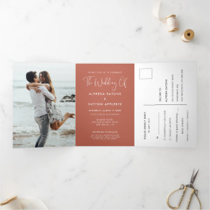 Invitation Trois Volets Élégante photo mariage tout-en-un Red Clay