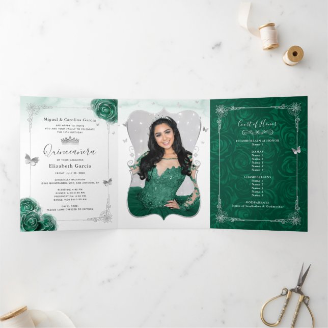 Invitation Trois Volets Élégante photo Rose vert Silver Quinceanera (Intérieur)