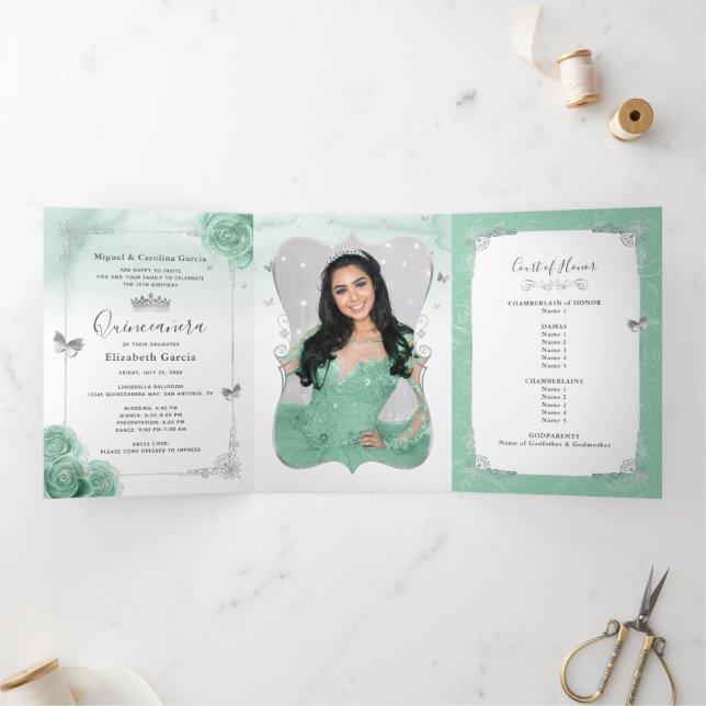 Invitation Trois Volets Elégante photo Silver et Seafoam Green Quinceañera (Intérieur)
