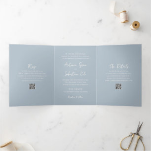 Invitation Trois Volets Élégante Poudre Bleu QR Code moderne Mariage