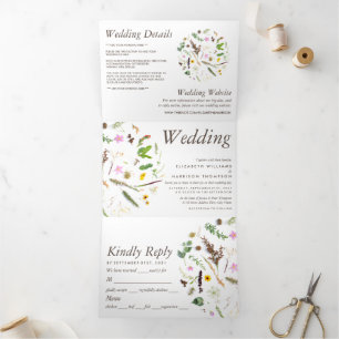 Invitation Trois Volets Elégante suite Mariage de fleurs sauvages botaniqu