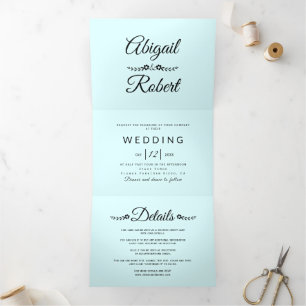 Invitation Trois Volets Élégante typographie noire lumière bleu mariage ph