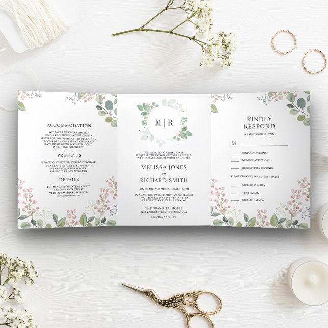 Invitation Trois Volets Elégante verdure Eucalyptus tout en un Mariage (Créateur téléchargé)
