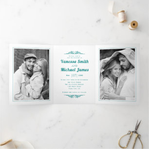 Invitation Trois Volets éléments vintages et mariage de typographie turquo