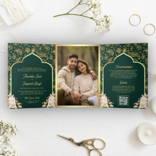 Invitation Trois Volets Emerald Gold Paisley Floral QR Code Mariage indien